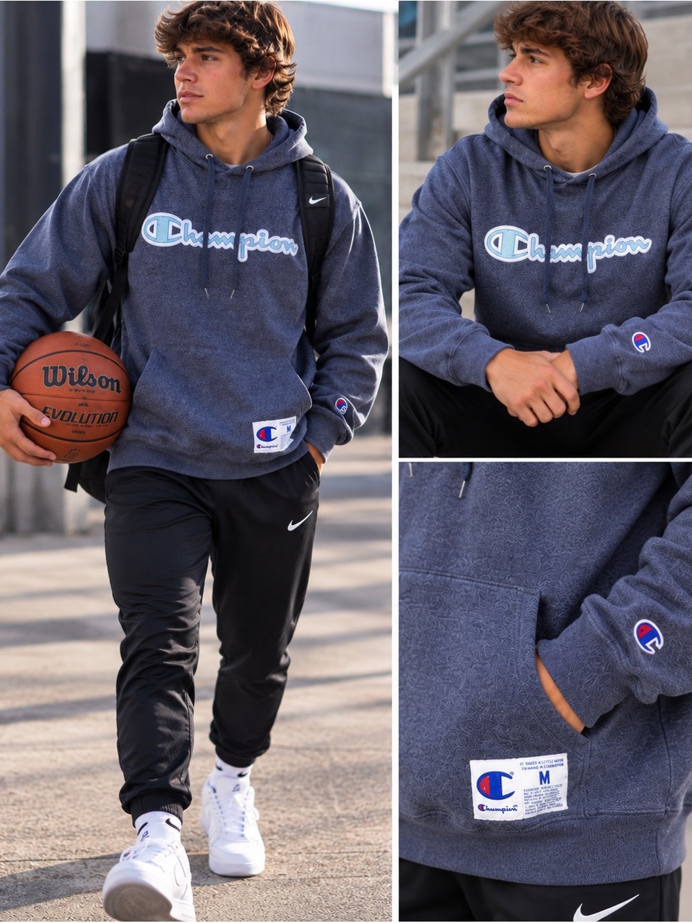 Champion Navy Heather Hoodie with Script Logo